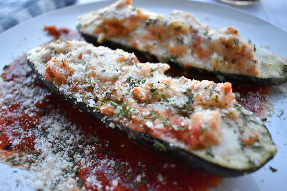 Tomato Basil Chicken Stuffed Zucchini Boats